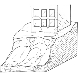 charakteristické praskliny při porušení stavby v odlučné oblasti sesuvu